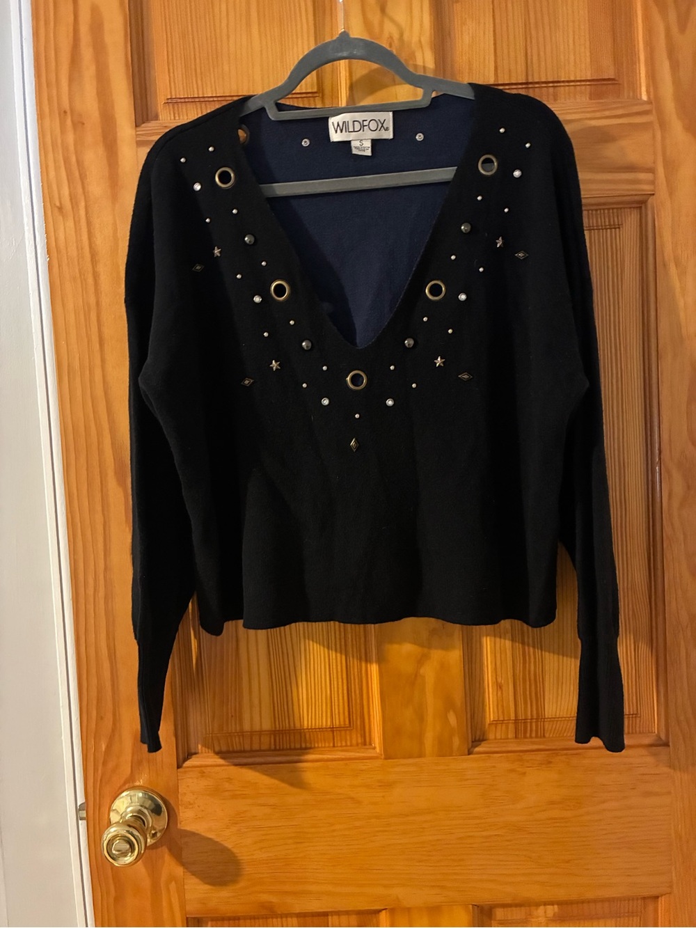 Wildfox Black V-Neck Sweater with Stud & Grommet Details